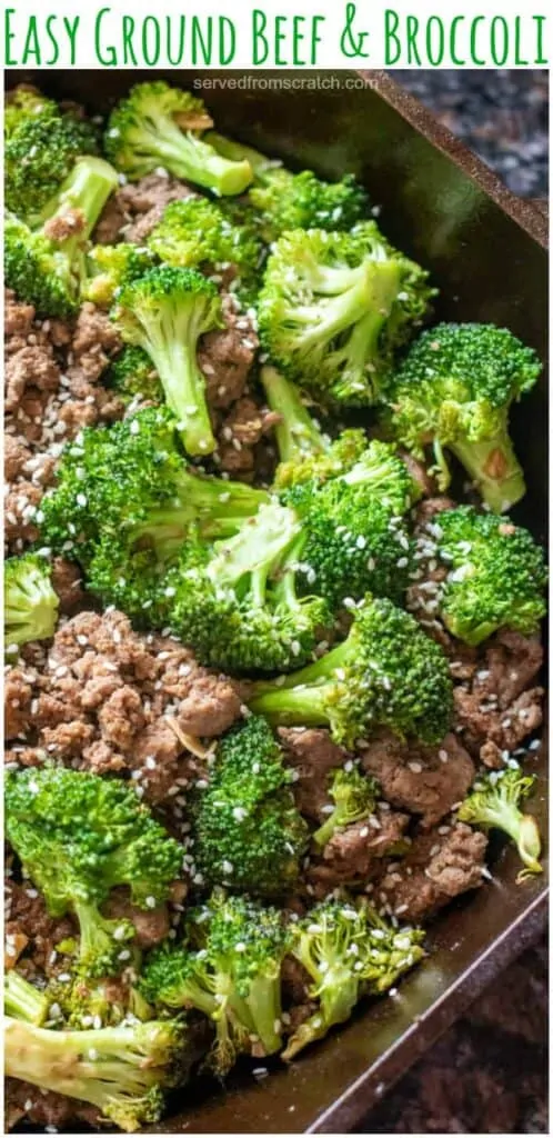 cooked ground beef and broccoli with sesame seeds in a cast iron with Pinterest pin text.