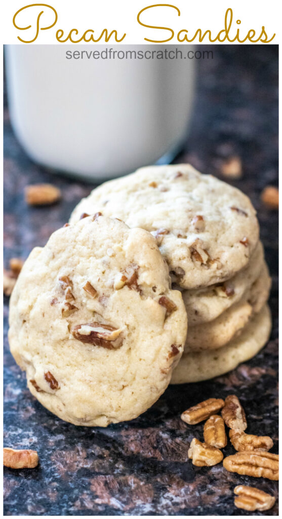 stacked pecan cookies with Pinterest pin text.