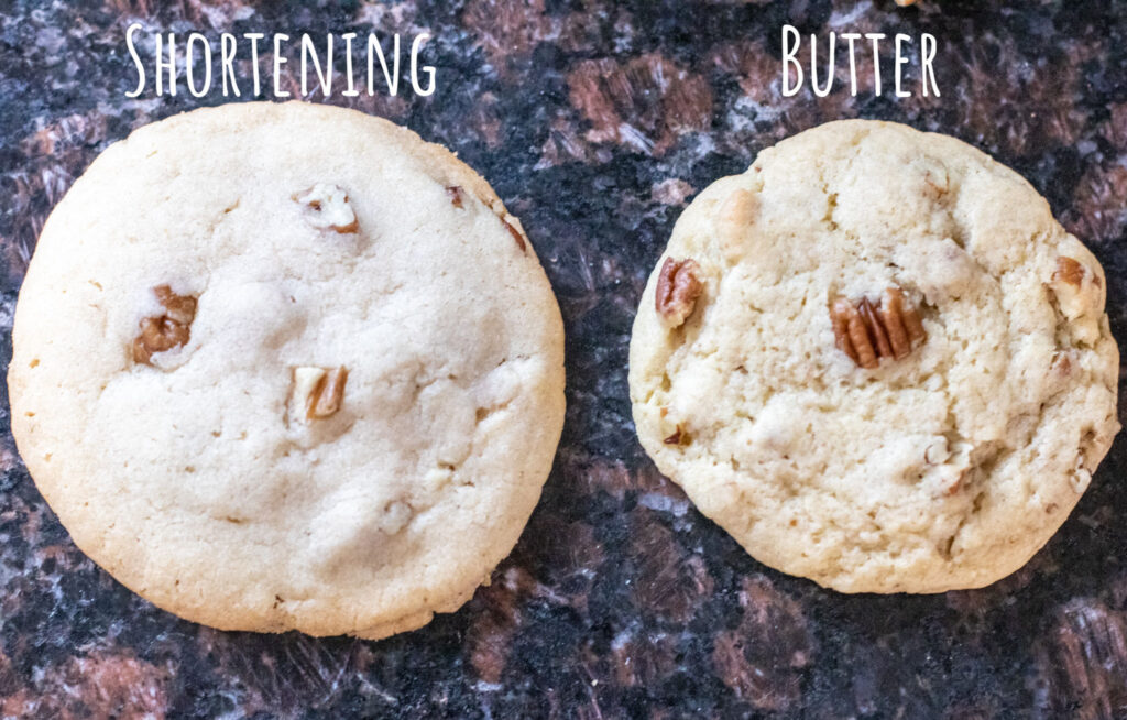 two cookies one baked with shortening and one with butter