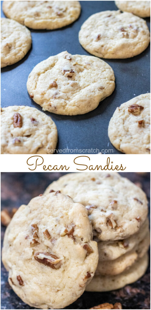 pecan sandies on cookie sheet and stacked with Pinterest pin text.