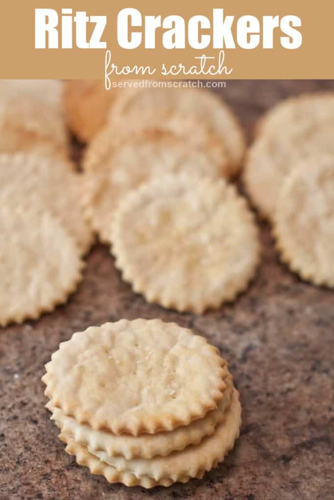 stacked ritz crackers in front of a line of crackers with Pinterest pin text.