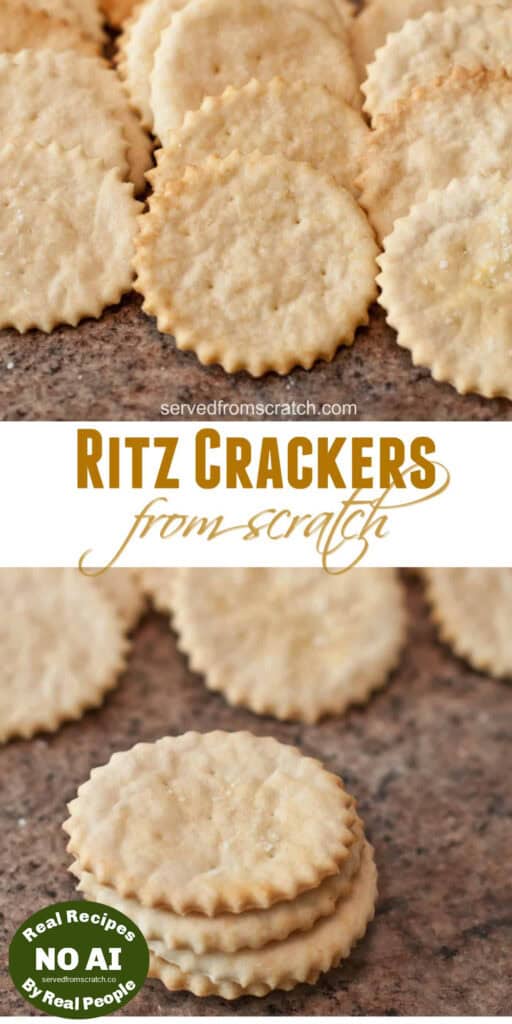lined up ritz crackers with Pinterest pin text and a stack of crackers with a NO AI sticker.