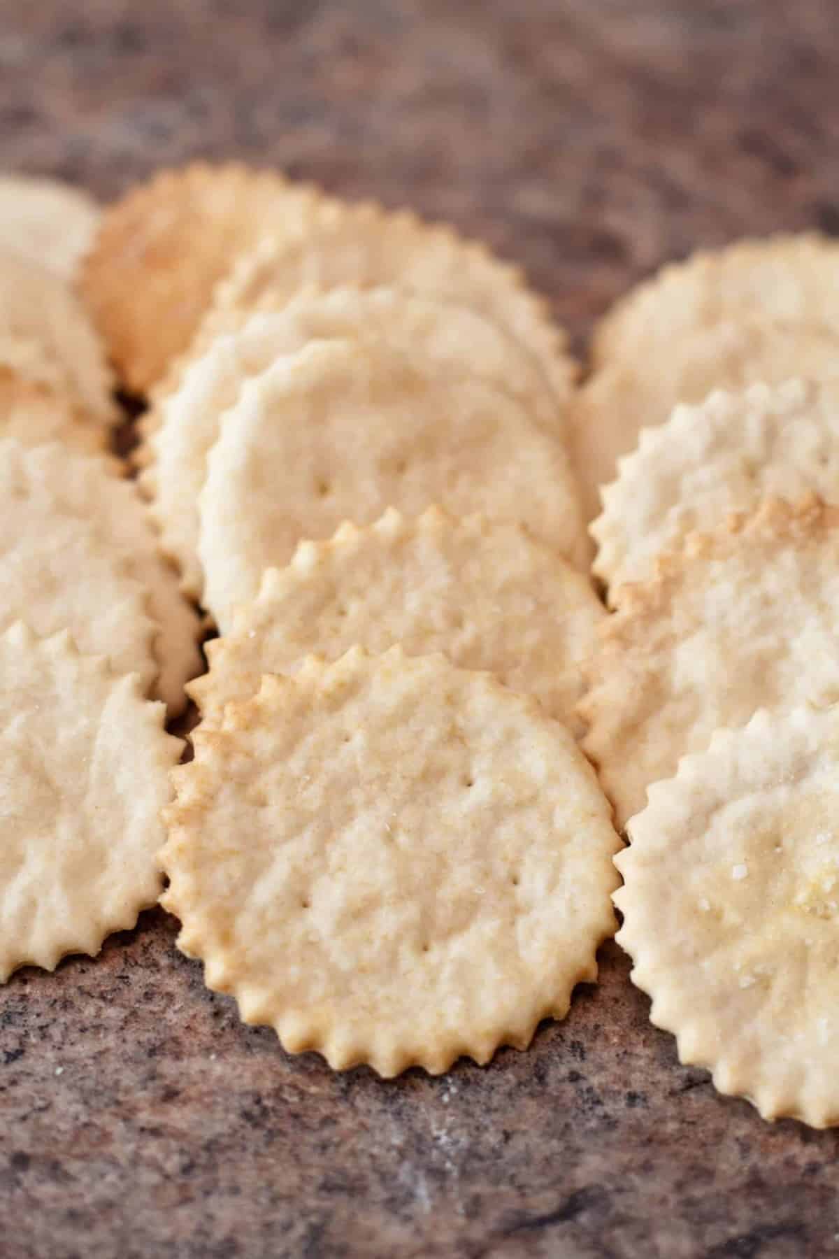 layer of crackers on a counter.