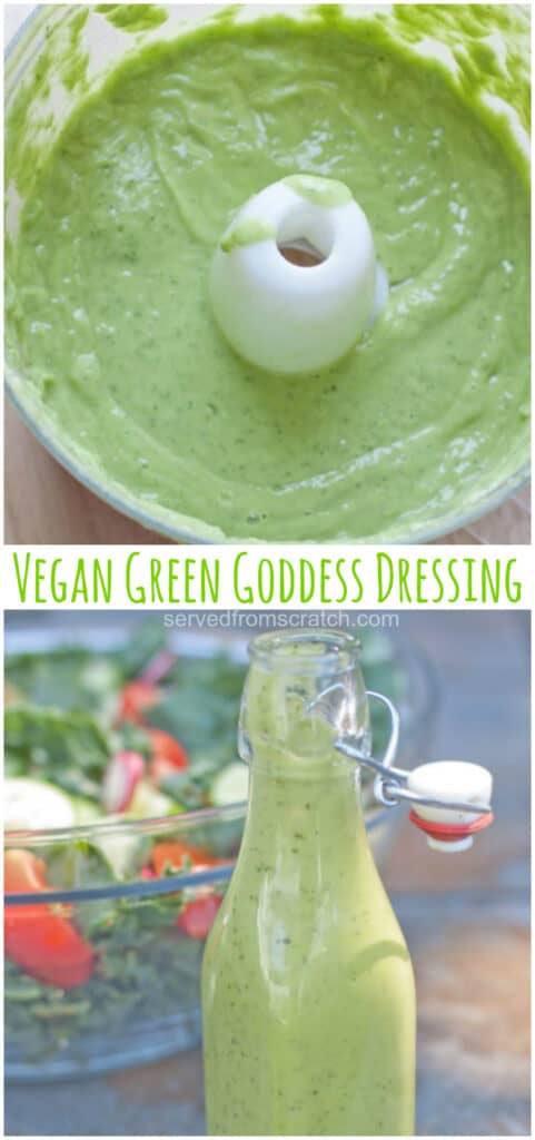 green goddess dressing in food processor and in bottle with Pinterest pin text.