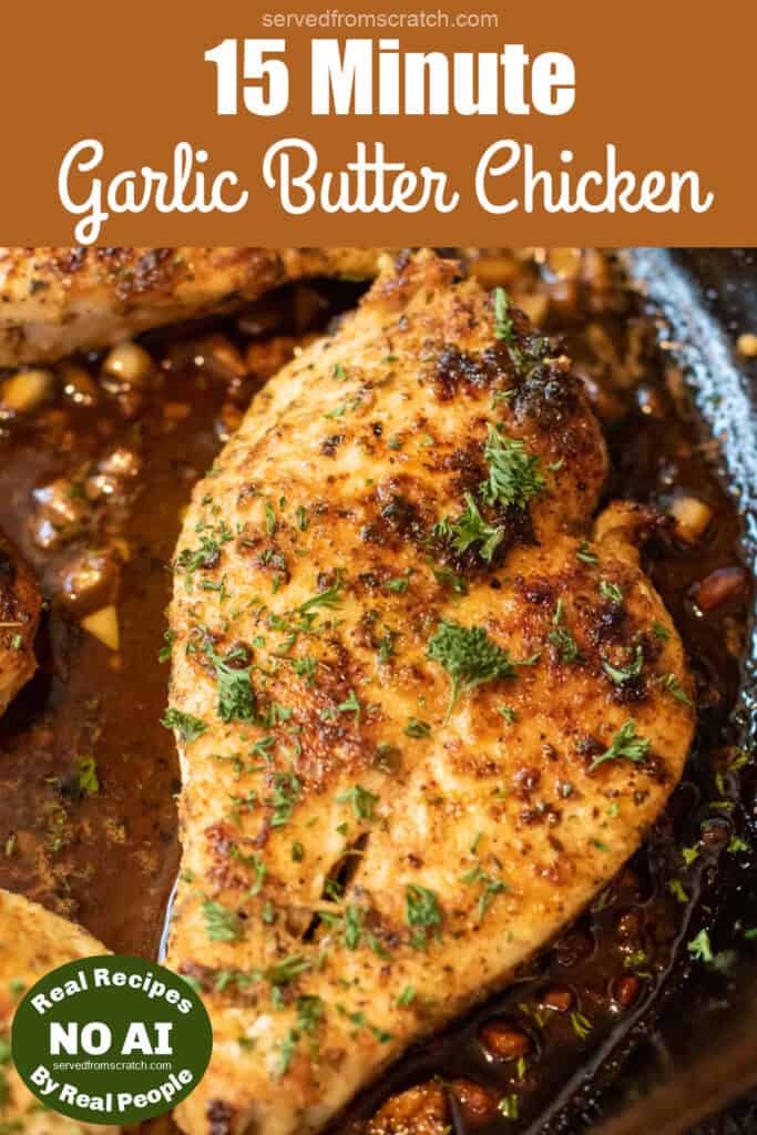 cooked chicken breast in butter and with parsley and Pinterest pin text and NO AI sticker.