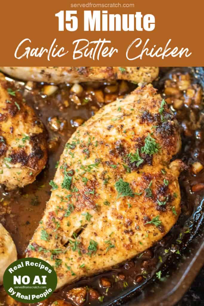 cooked chicken breast in butter and with parsley and Pinterest pin text and NO AI sticker.