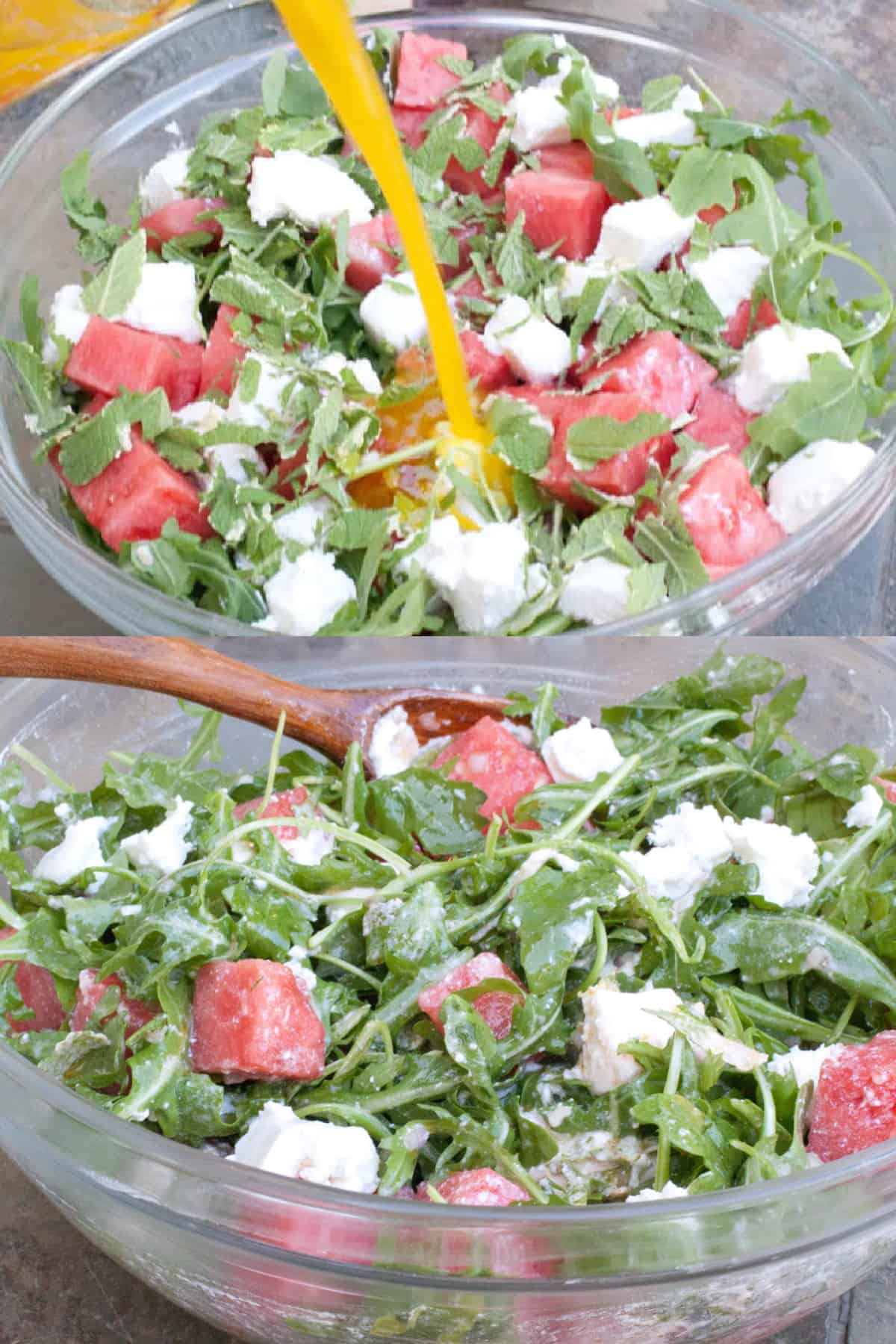 two pictures one of a large bowl of watermelon and feta with arugula with vinaigrette being poured in and the bottom picture of it all mixed together.