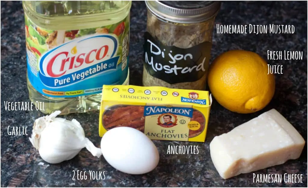 vegetable oil, mustard, lemon, anchovies, parm cheese, egg, and garlic on a counter.