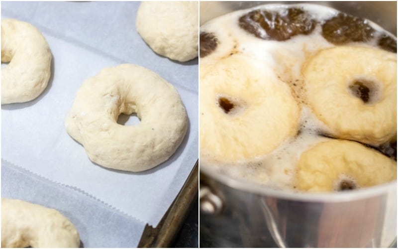 shaped bagel dough and bagels in a water bath