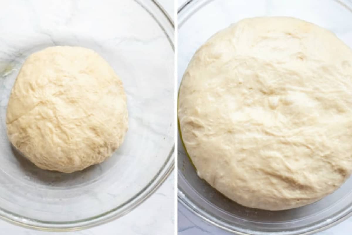 pre proofed and proofed bagel dough side by side.