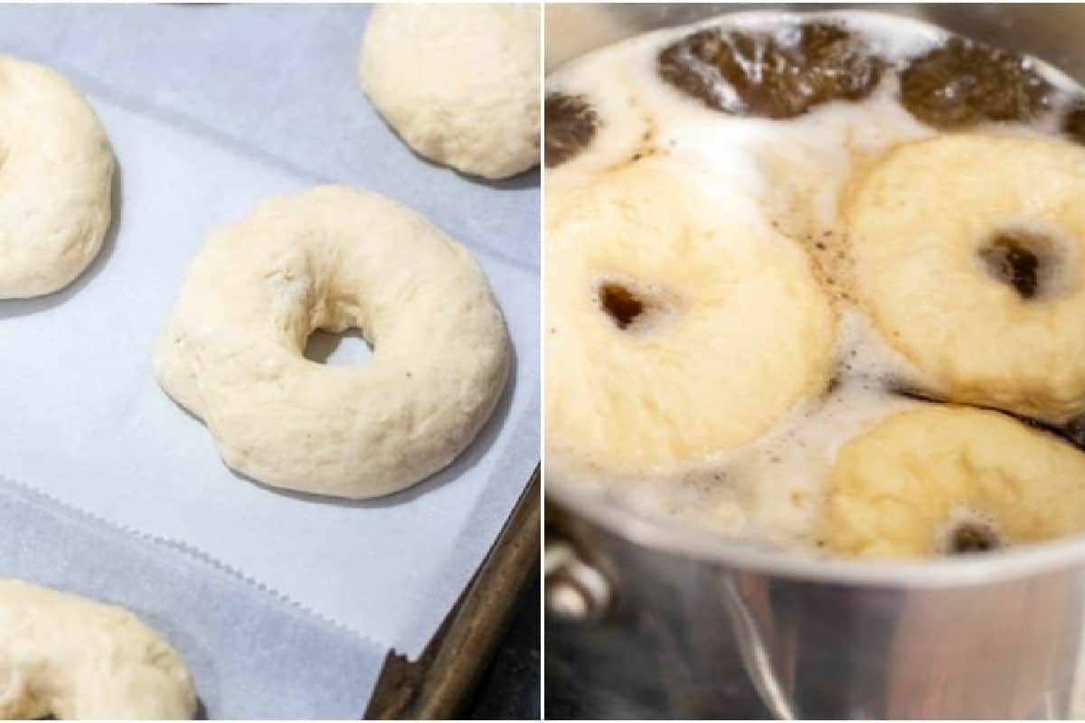 a unbaked shaped bagel on parchment paper and in hot water