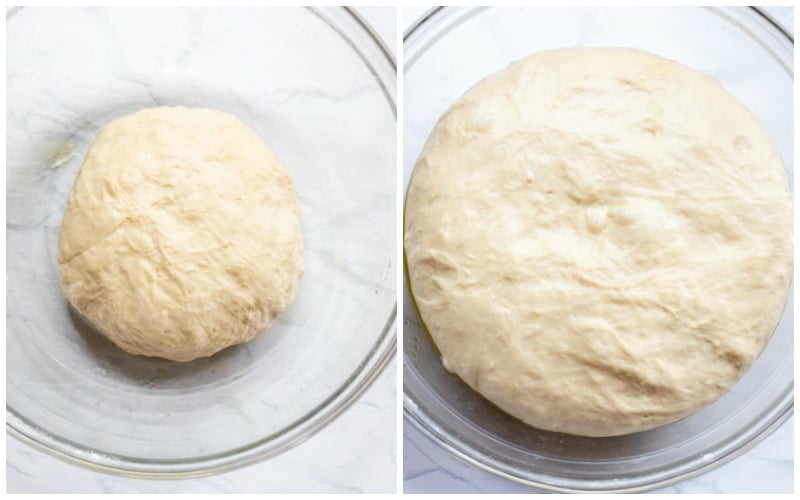 pre proofed and proofed bagel dough side by side