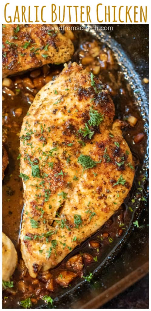 garlic butter chicken cooked in a pan topped with fresh parsley with Pinterest pin text.