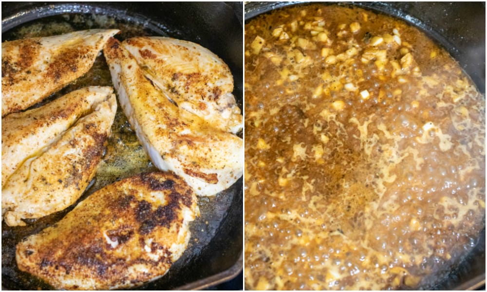 chicken sauteed in a pan and butter and garlic sauteing