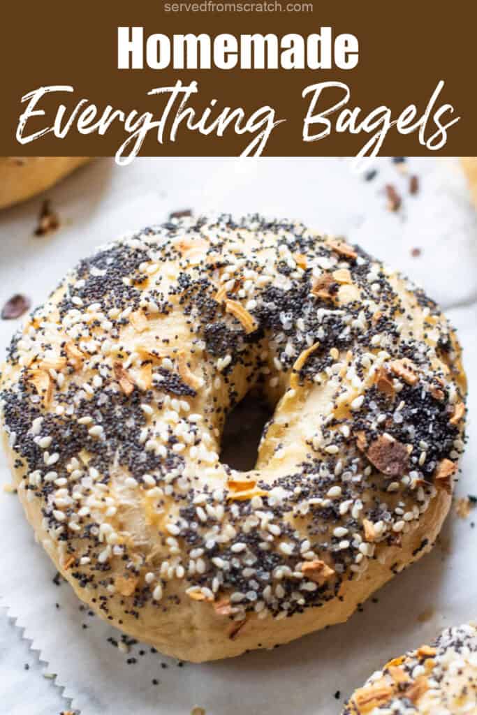 baked everything bagels from scratch on a baking sheet with Pinterest pin text.