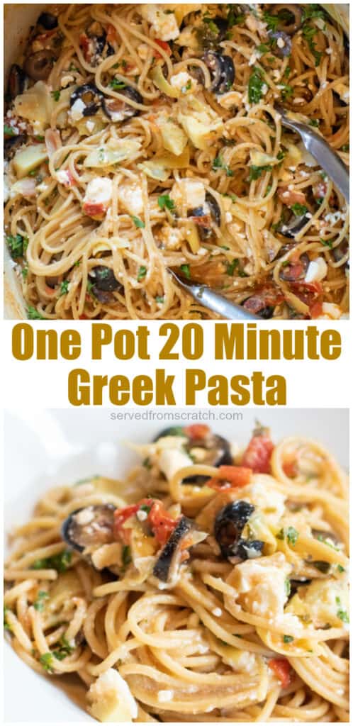 ingredients for one pot greek pasta and cooked greek pasta with Pinterest pin text.