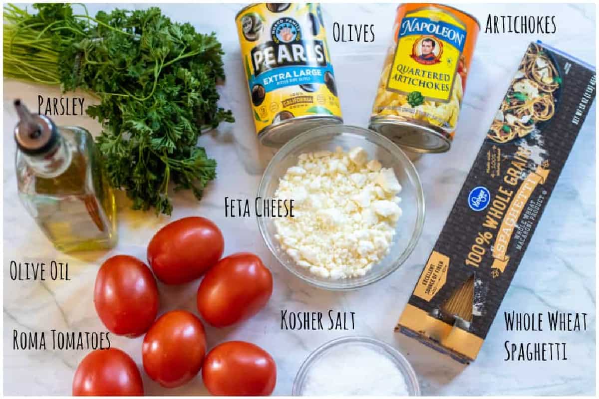 ingredients for one pot 20 minute greek pasta on the counter.