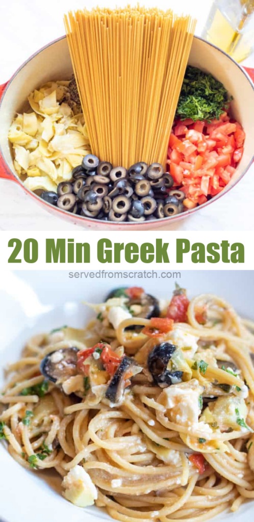 pasta, olives, tomatoes, artichokes in a dutch oven and then a plate of it cooked topped with feta cheese with PInterest Pin text.