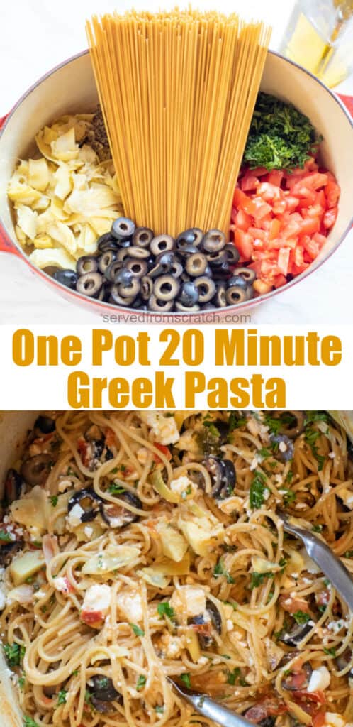 ingredients for one pot greek pasta and cooked greek pasta with Pinterest pin text.