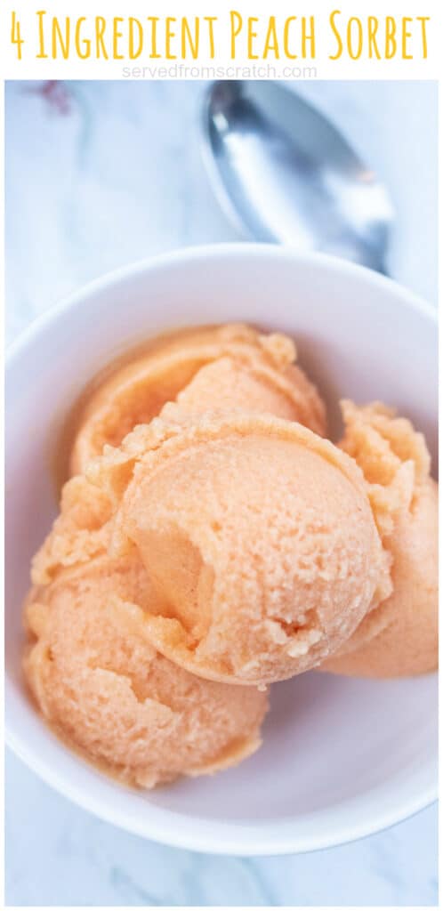 a bowl of scooped peach sorbet with Pinterest pin text.