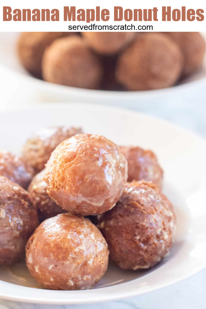 maple glazed munchkins in a bowl with Pinterest pin text.