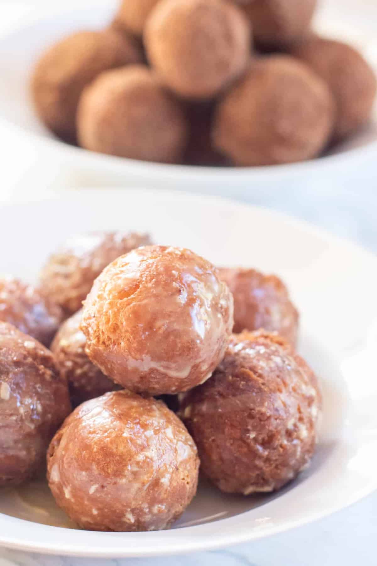 maple glazed munchkins in a bowl.