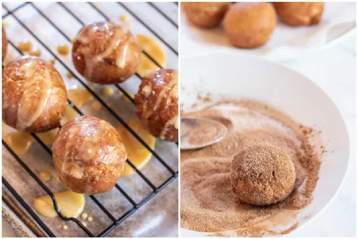 munchkins glazed on a wire rack and being coated and sugar.