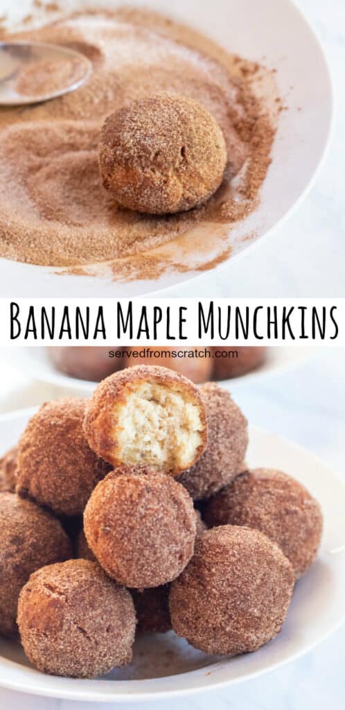 cinnamon sugar coated munchkins with Pinterest pin text.