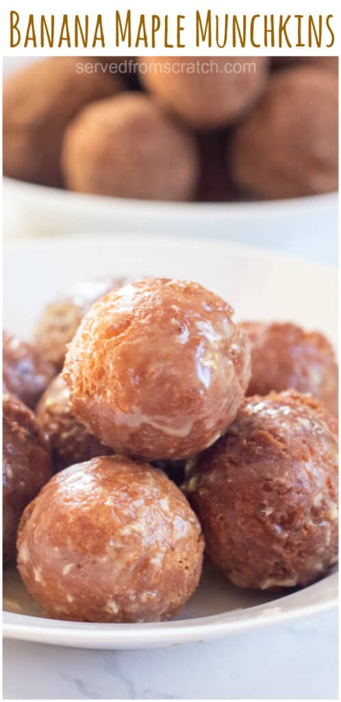 maple glazed munchkins in a bowl with Pinterest pin text.