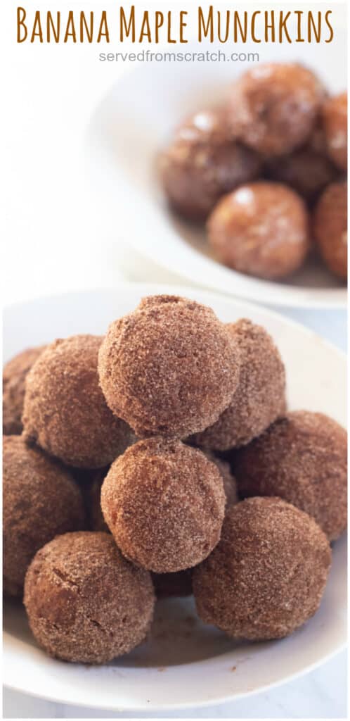 a bowl of sugar coated donut holes with Pinterest pin text.