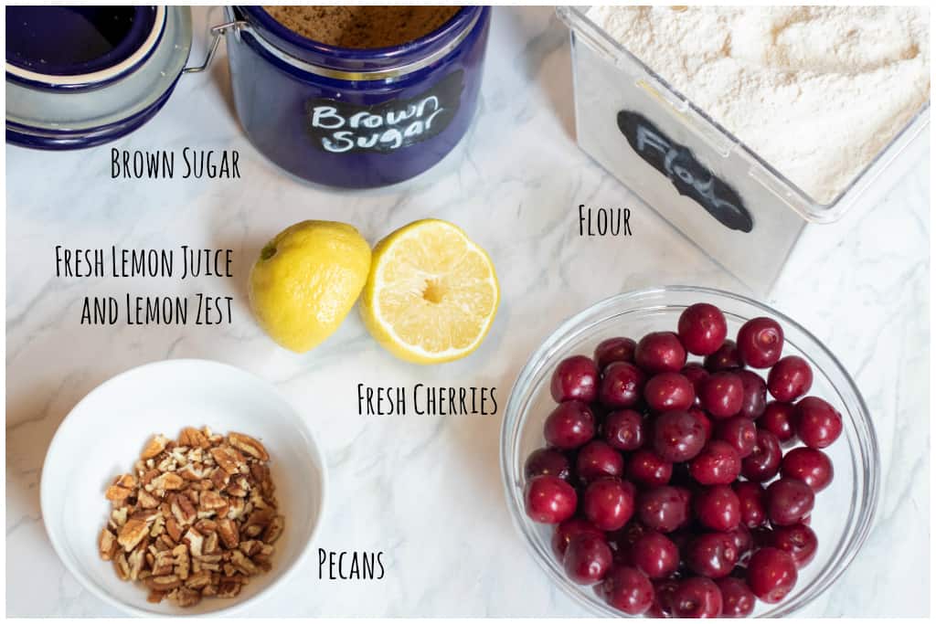 brown sugar, flour, lemons, pecans, and fresh cherries