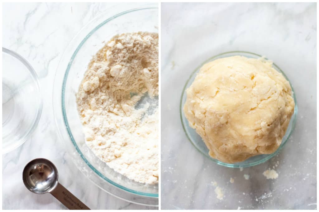 cut butter in flour in a bowl and a pie dough in a bowl