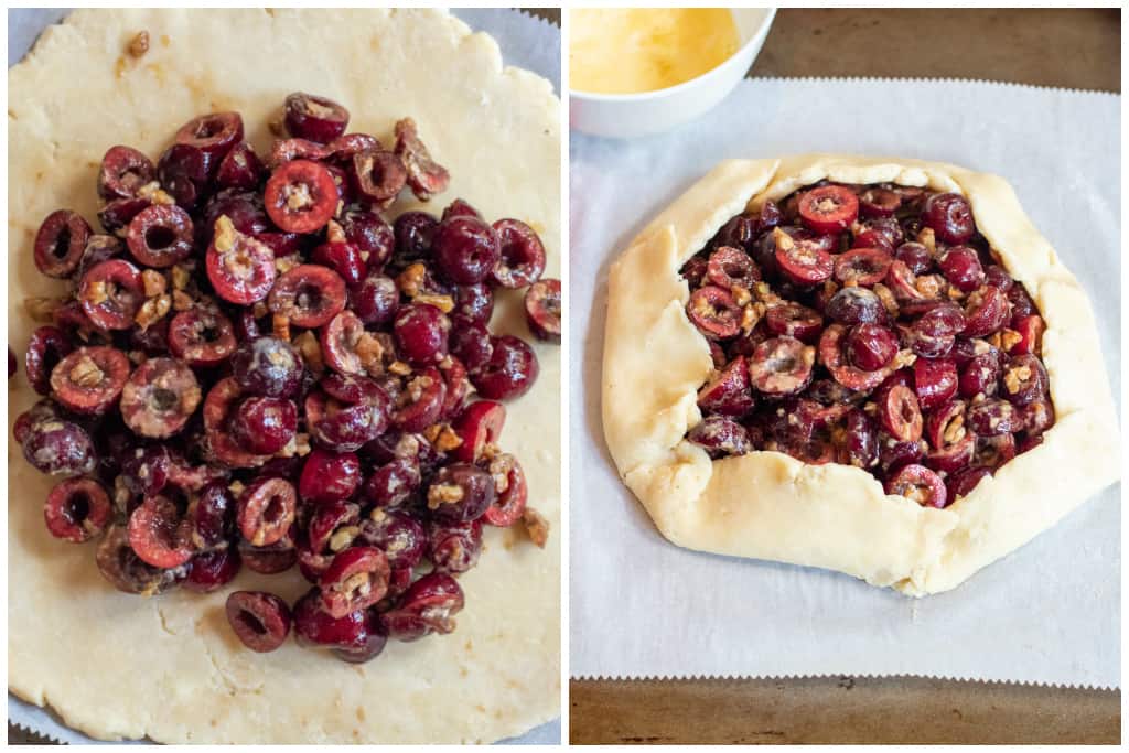 cherry filled in center of pie dough and then shaped uncooked galette