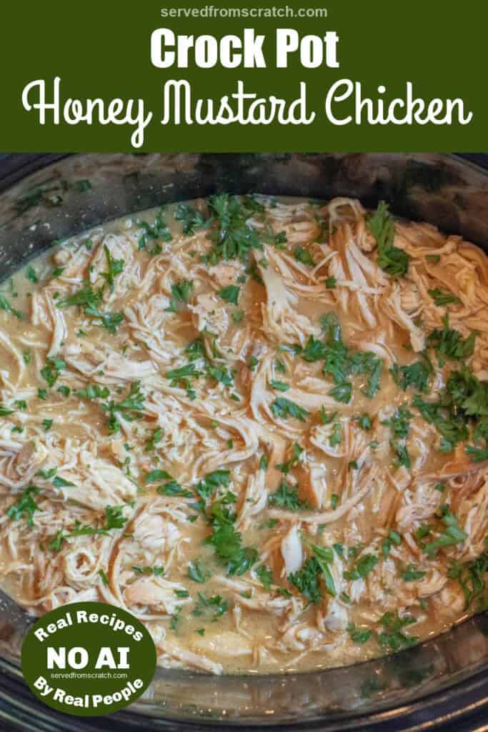 an overhead of a crock pot of shredded cooked chicken and topped with parsley with Pinterest pin text and a NO AI sticker.