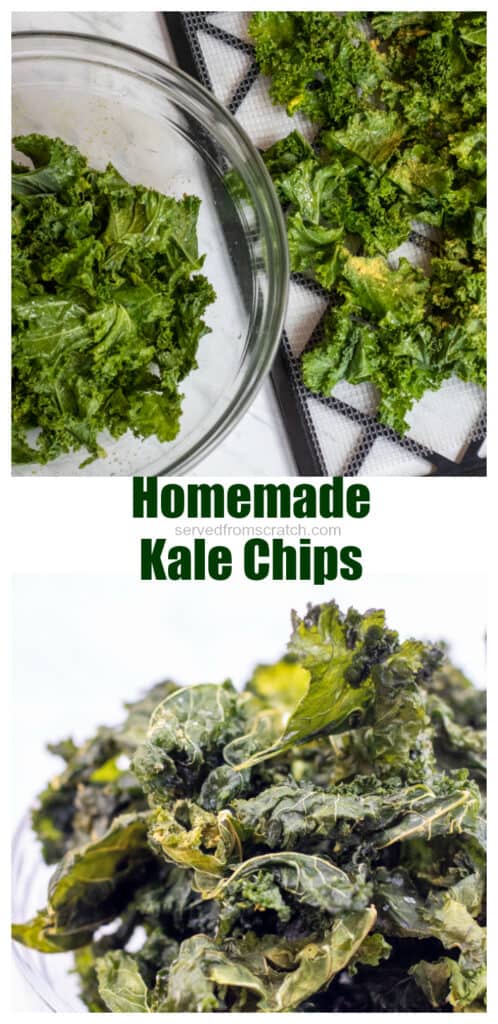 kale chips on a dehydrator tray with Pinterest pin text.