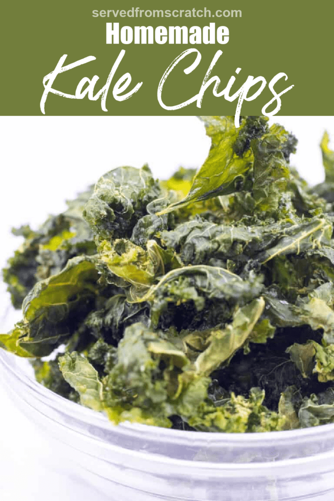 a bowl of kale chips with Pinterest pin text.