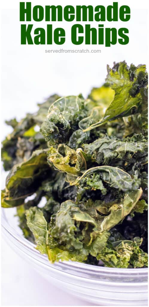 kale chips in a bowl with Pinterest pin text.