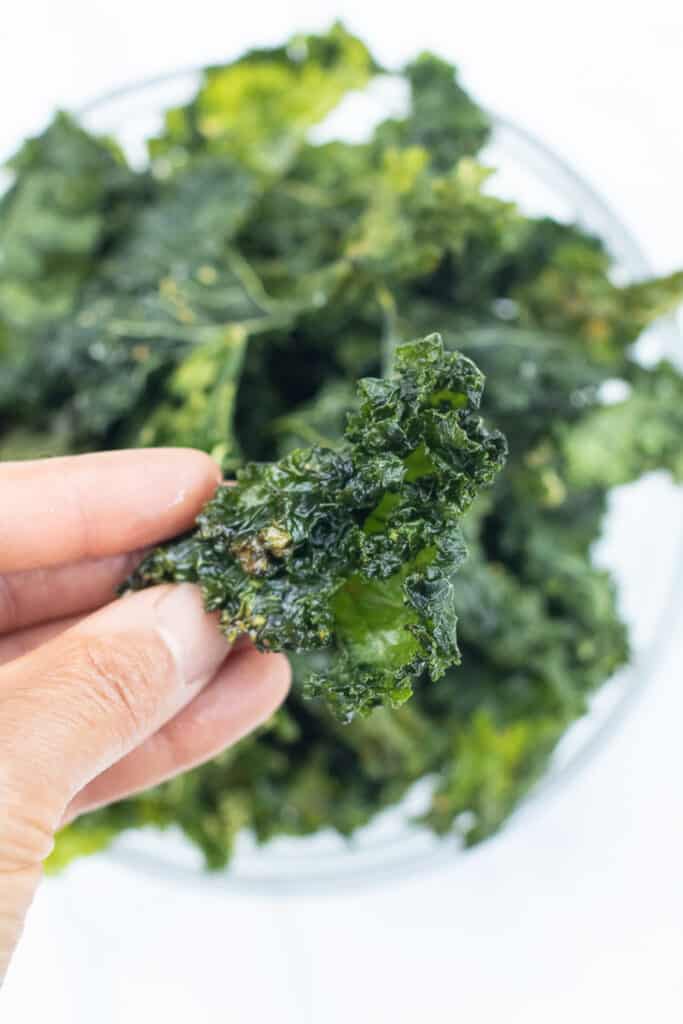 crispy kale chip held in a hand