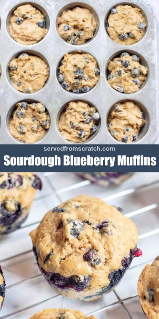 a tray of unbaked muffins, Pinterest pin text, and a cooling rack with a close up of a blueberry muffin.
