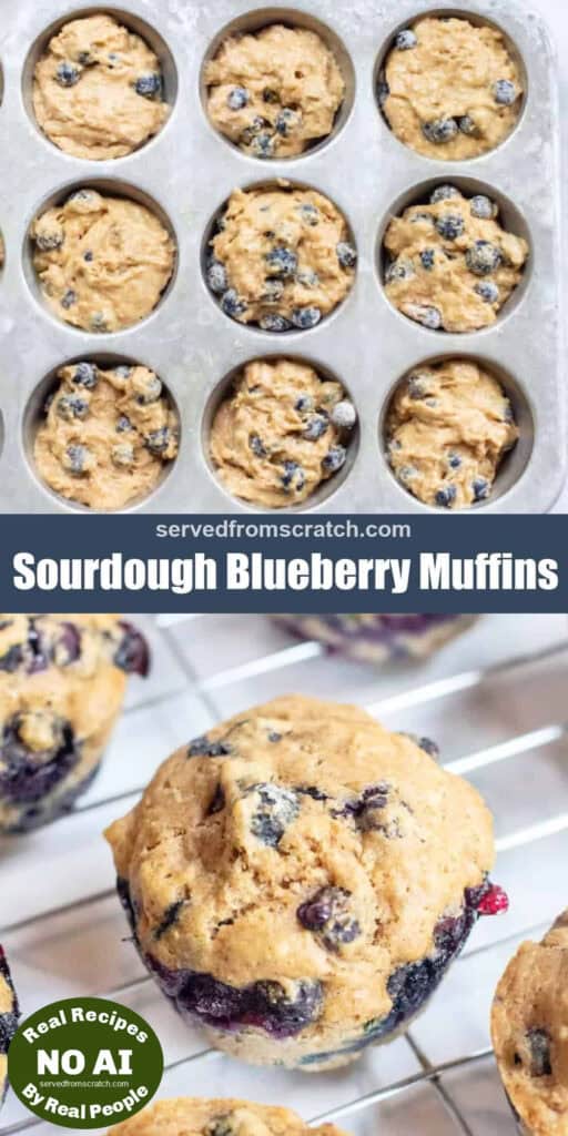 a tray of raw blueberry muffin dough, Pinterest pin text, and a baked muffin on a cooling rack with NO AI sticker.