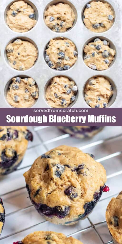 a tray of unbaked muffins, Pinterest pin text, and a cooling rack with a close up of a blueberry muffin.