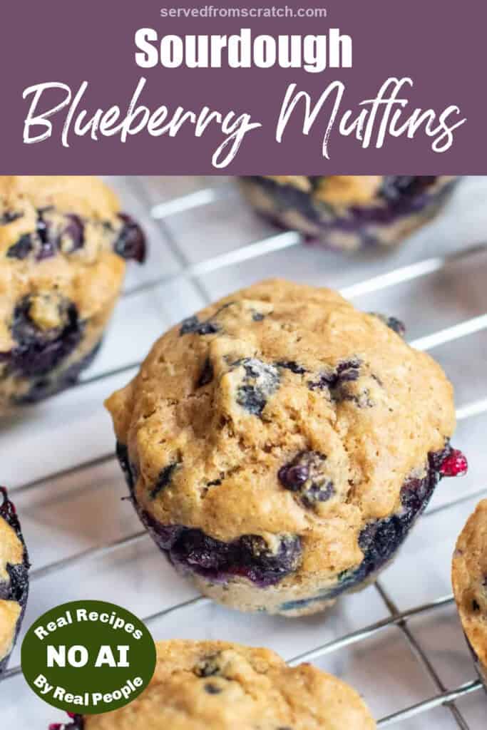 a cooling rack of baked blueberry muffins with Pinterest pin text and a NO AI sticker.