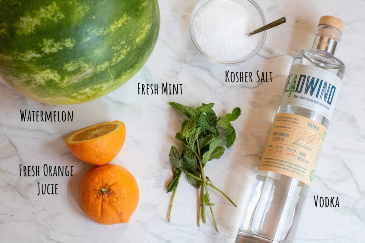 watermelon, vodka, mint, orange halved, and salt.
