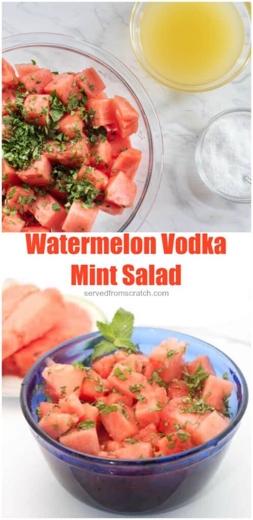 diced watermelon in a bowl topped with mint with Pinterest pin text.