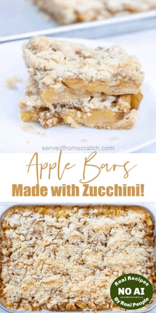 2 stacked baked zucchini bars with Pinterest pin text with NO AI sticker and a baked tray.