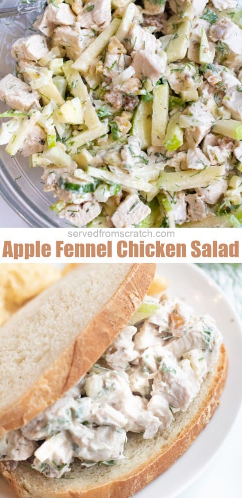 a bowl of chicken salad with apples and in in a sandwich with Pinterest pin text.