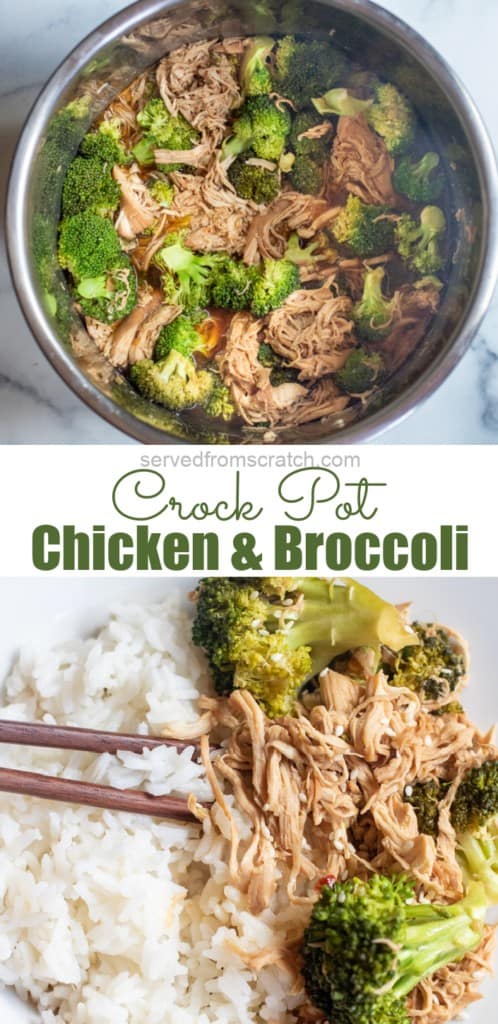 a pot of shredded chicken and broccoli and a plate of chicken and broccoli and rice and Pinterest pin text.