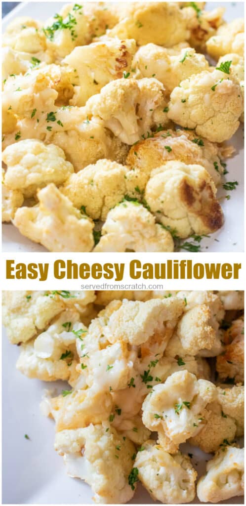 plates of baked cheesy cauliflower with Pinterest pin text.