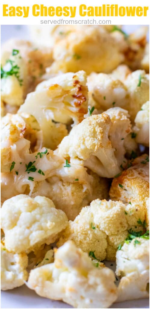 a close up of a plate of baked cheesy cauliflower with Pinterest pin text.