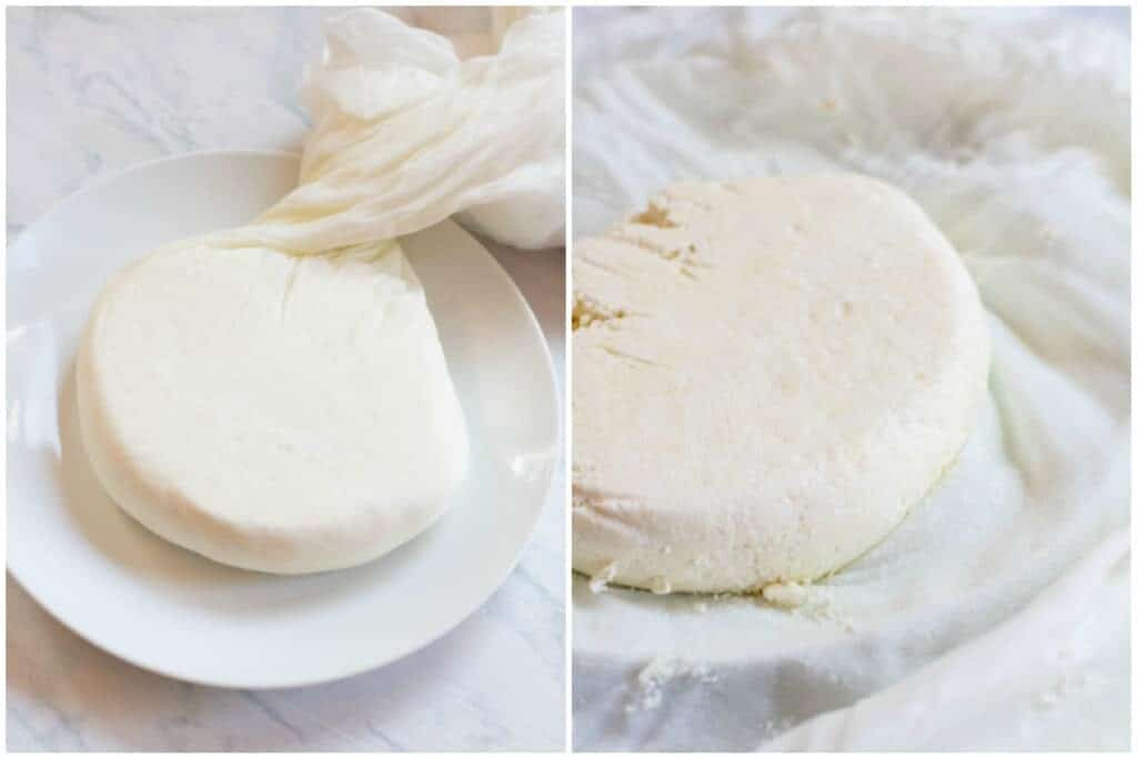 pressed cheese in a cheese cloth on a plate and then opened and out of a cheesecloth.